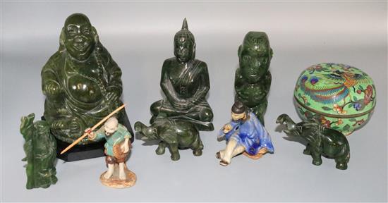 Carved jade figures & cloisonne pot etc